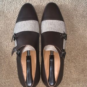 Taft monkstrap brown leather and tan cloth shoes